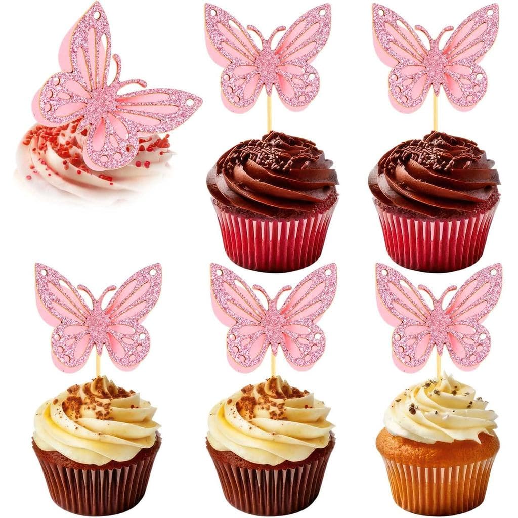 48 Peças de Topper de Cupcake em Forma de Borboleta Rosa - Decorações de Bolo 3D com Glitter e Dupla Camada com Palitos