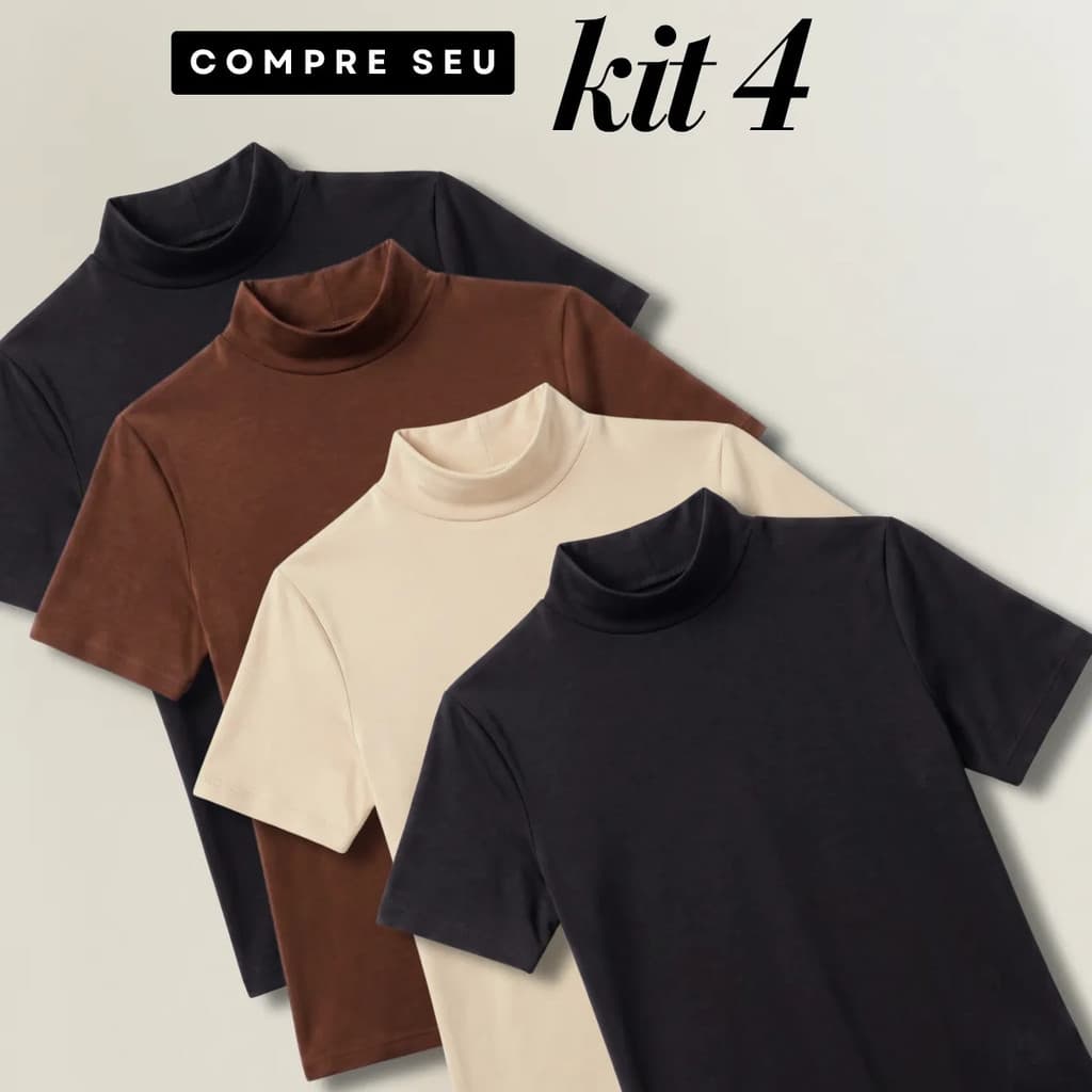 Kit 4 Blusas Feminina Gola Alta Manga Curta Básica Casual