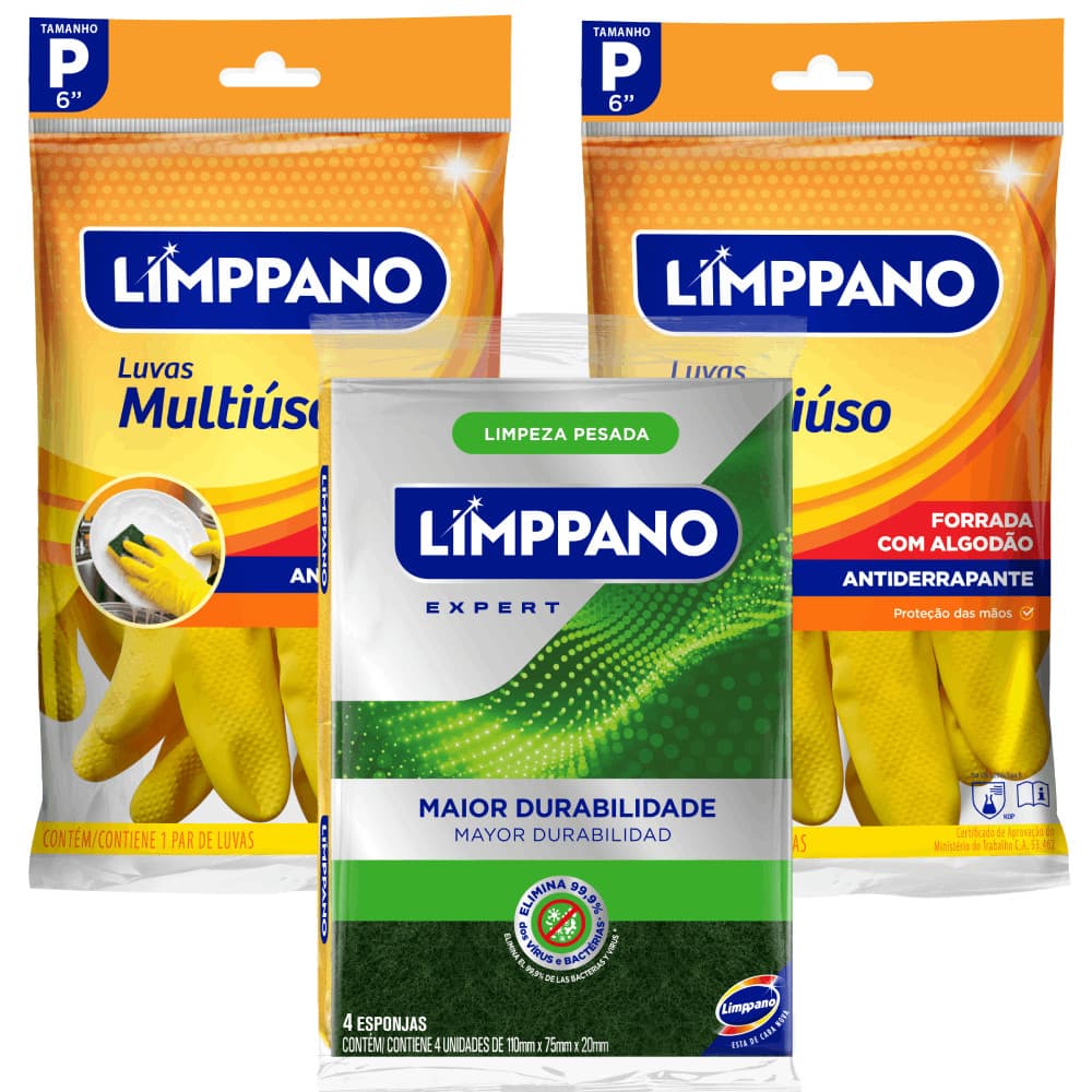 Kit 2 Luvas Forradas Algodão Multiuso P + 1 Esponja Multiuso com 4 und