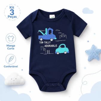 Kit Body Bebê Menino 3 Unidades Carrinho Manga Curta Confortável