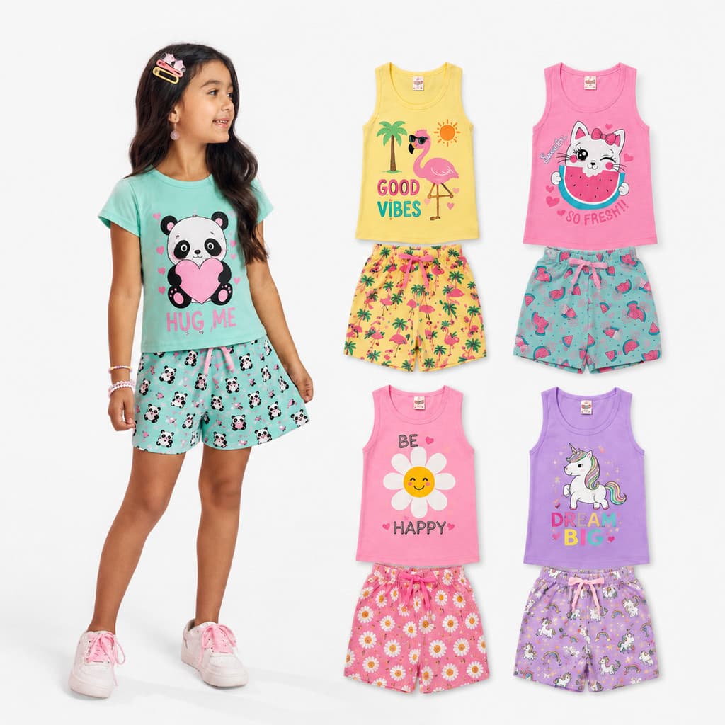 4 Conjuntos Sortidos Infantil Menina Verão Blusa e Short Algodão 1 ao 14