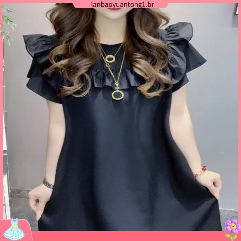 Moda babados costura francês pequeno vestido preto feminino verão novo produto solto cobrindo carne pequeno vestido de m