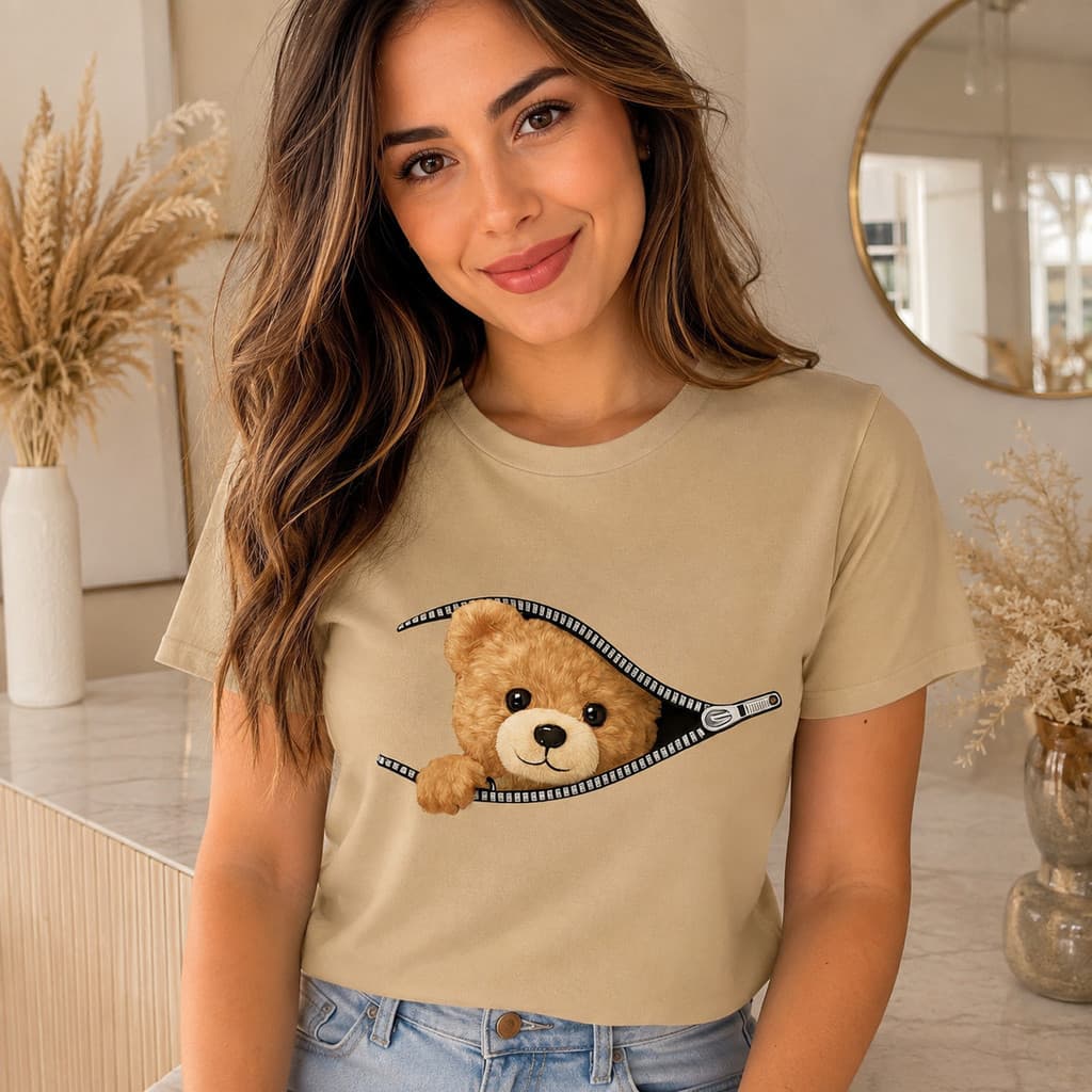 Camiseta Feminina 100% Algodão Estampa Urso Fofo Casual do P ao GG