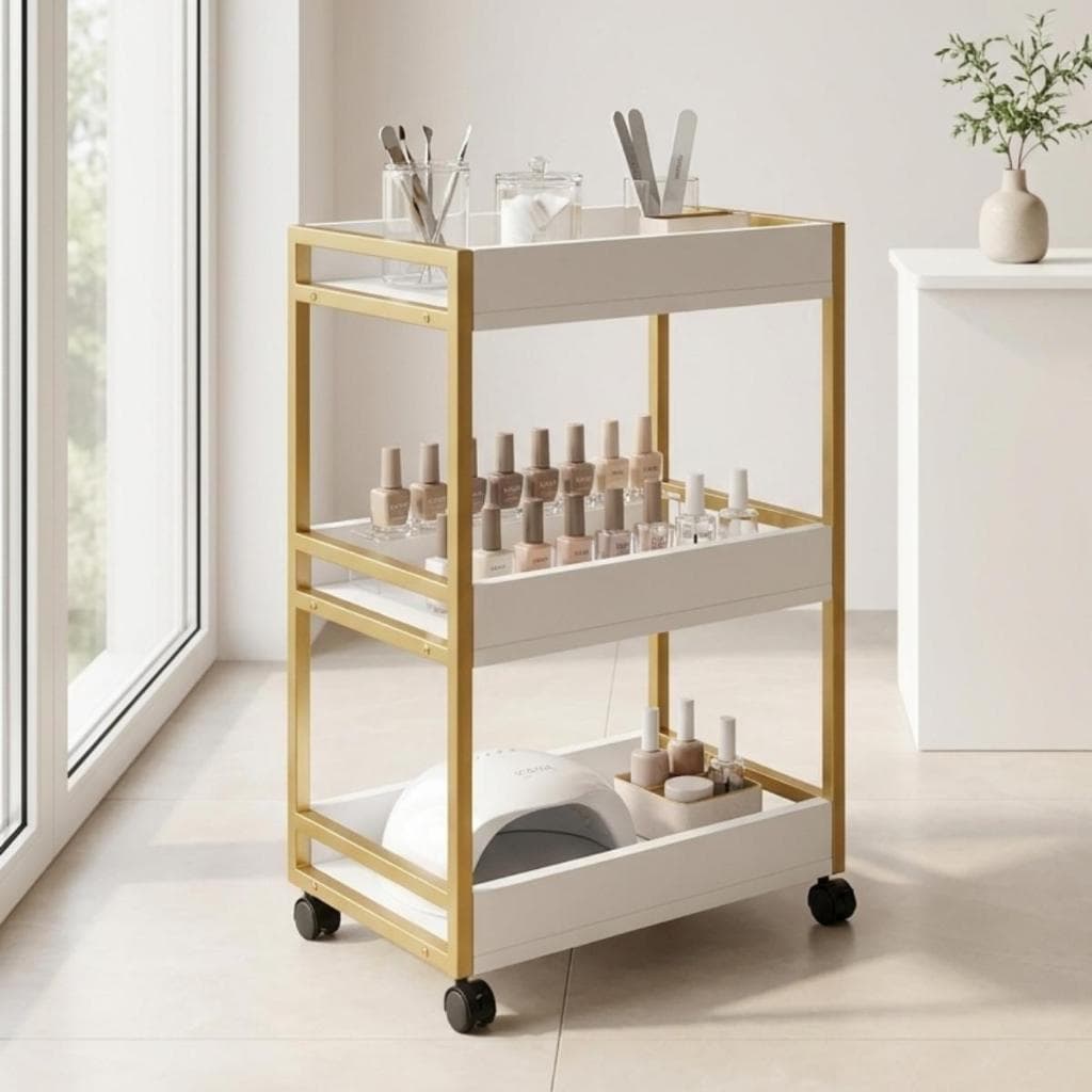 Carrinho Manicure Auxiliar Nail Designer Premium Branco Industrial Organizador com Estrutura em Metalon