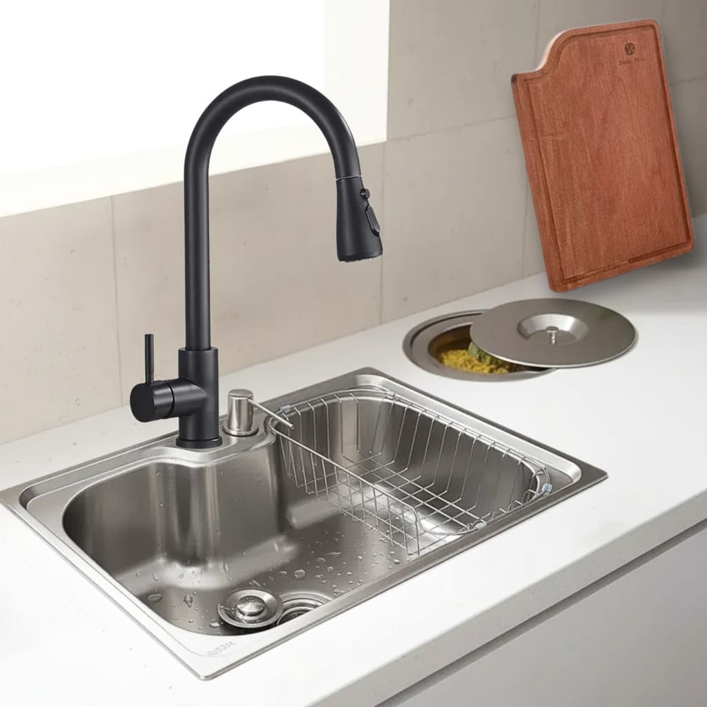 CUBA COZINHA 60X42CM AÇO INOX TORNEIRA BLACK TÁBUA E LIXEIRA