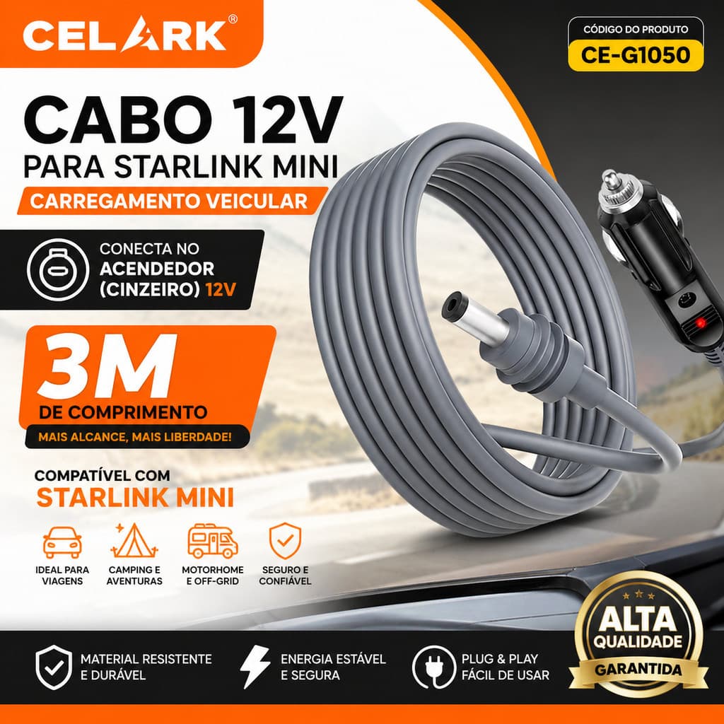 Carregador Cabo 12V Starlink Mini 3 Metros – Carregador Veicular via Acendedor (Cinzeiro)