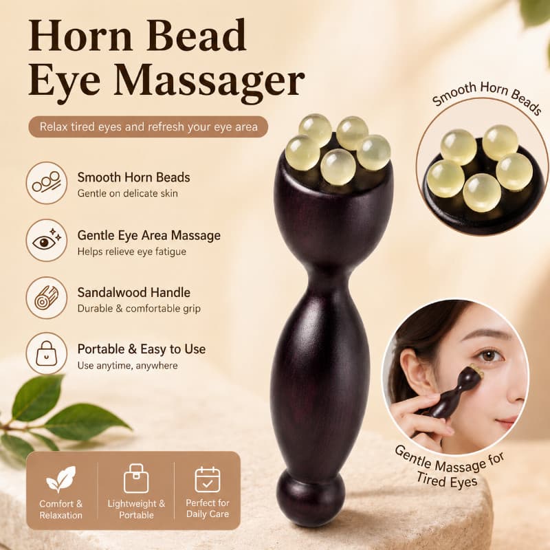 Massageador ocular de chifre com cabo de mogno |       Massageador ocular portátil para relaxamento