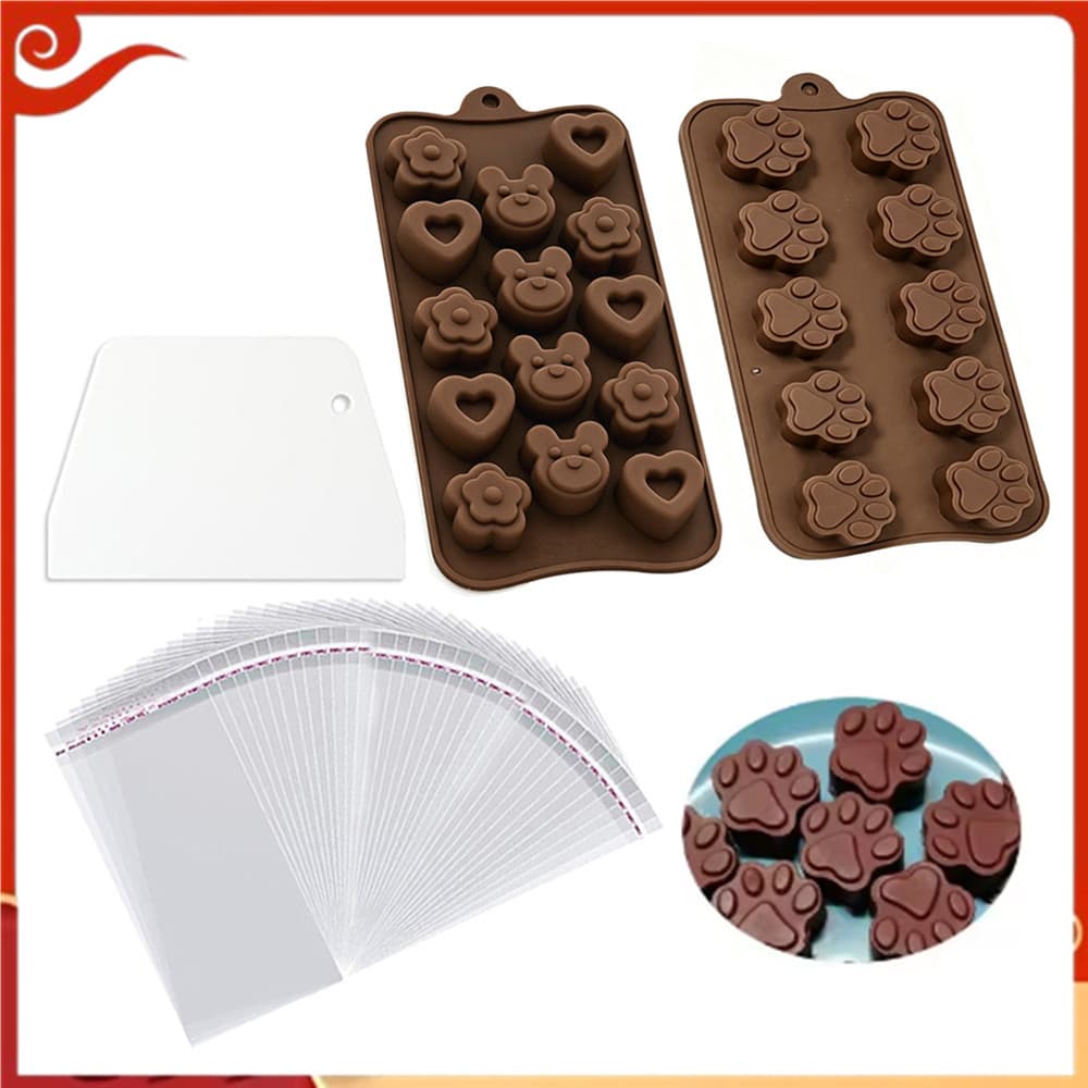 Molde de Chocolate de Silicone 2 peças com saco, lanches antiaderentes de doces DIY, formato de flor em forma de coração