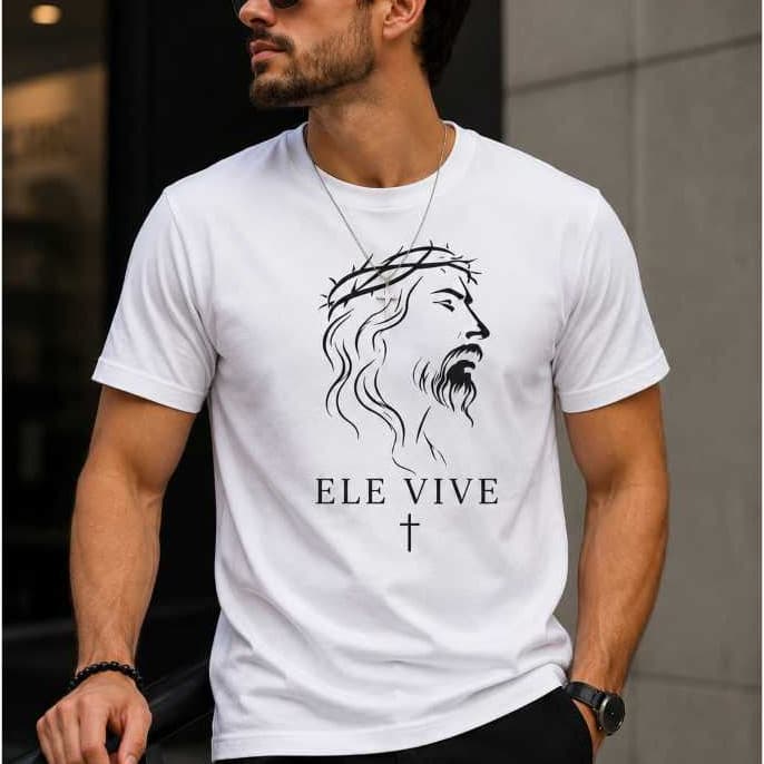 Camiseta Masculina Jesus Ele Vive Religiosa Camisa Basica 100% Algodão Leve e Confortavel