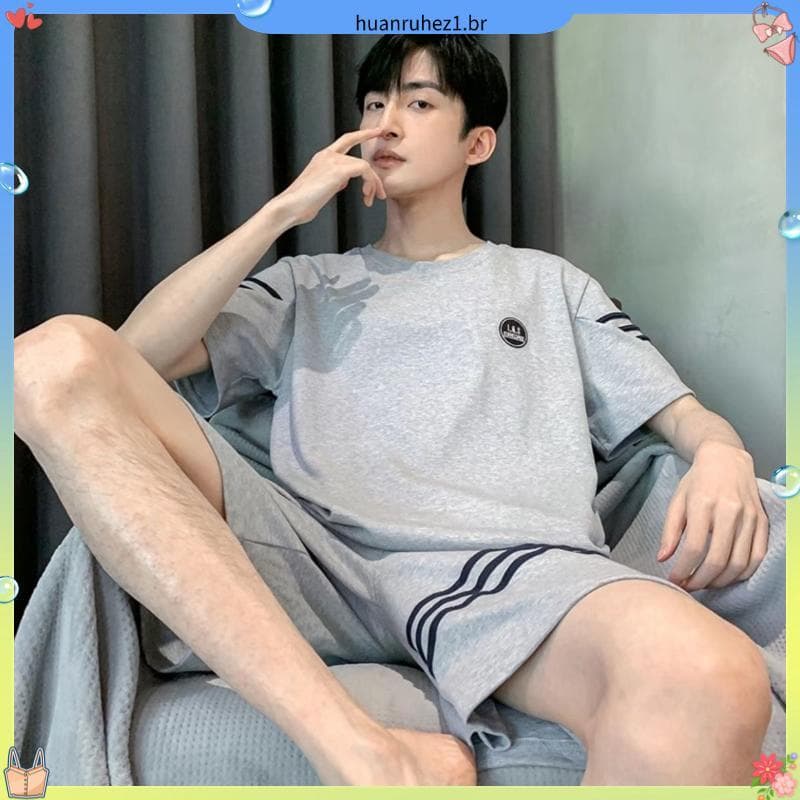 Pijama de algodão de verão masculino Shorts de manga curta fino solto tamanho grande exterior Wear masculino meia manga