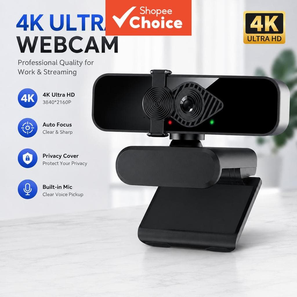 Webcam 4K para PC, Câmera Web USB com Auto Foco, Microfone Integrado, Tampa de Privacidade, Câmera de Computador Plug &
