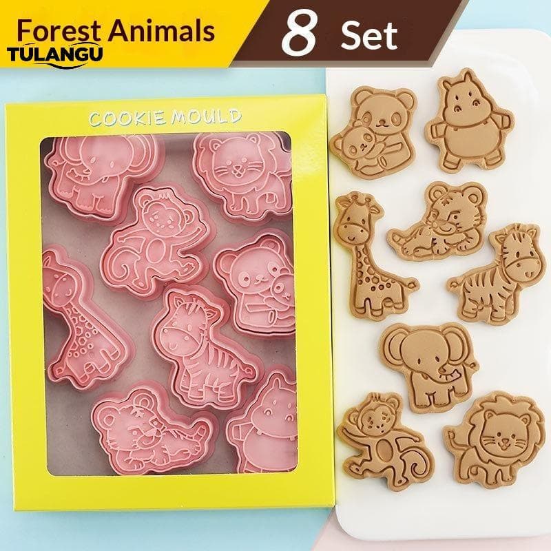 TULANGU 8 Peças Cortadores De Biscoitos De Plástico Ecológico 3D Desenho Animado Animal Moldes De Biscoito Pressionável