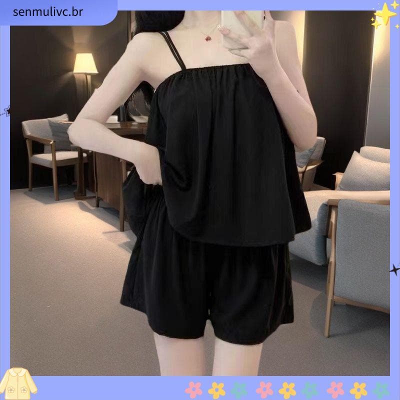 Novo estilo pijamas verão feminino ins estilo estilingue terno pijamas senhoras estudante pijamas cor sólida pode desgas