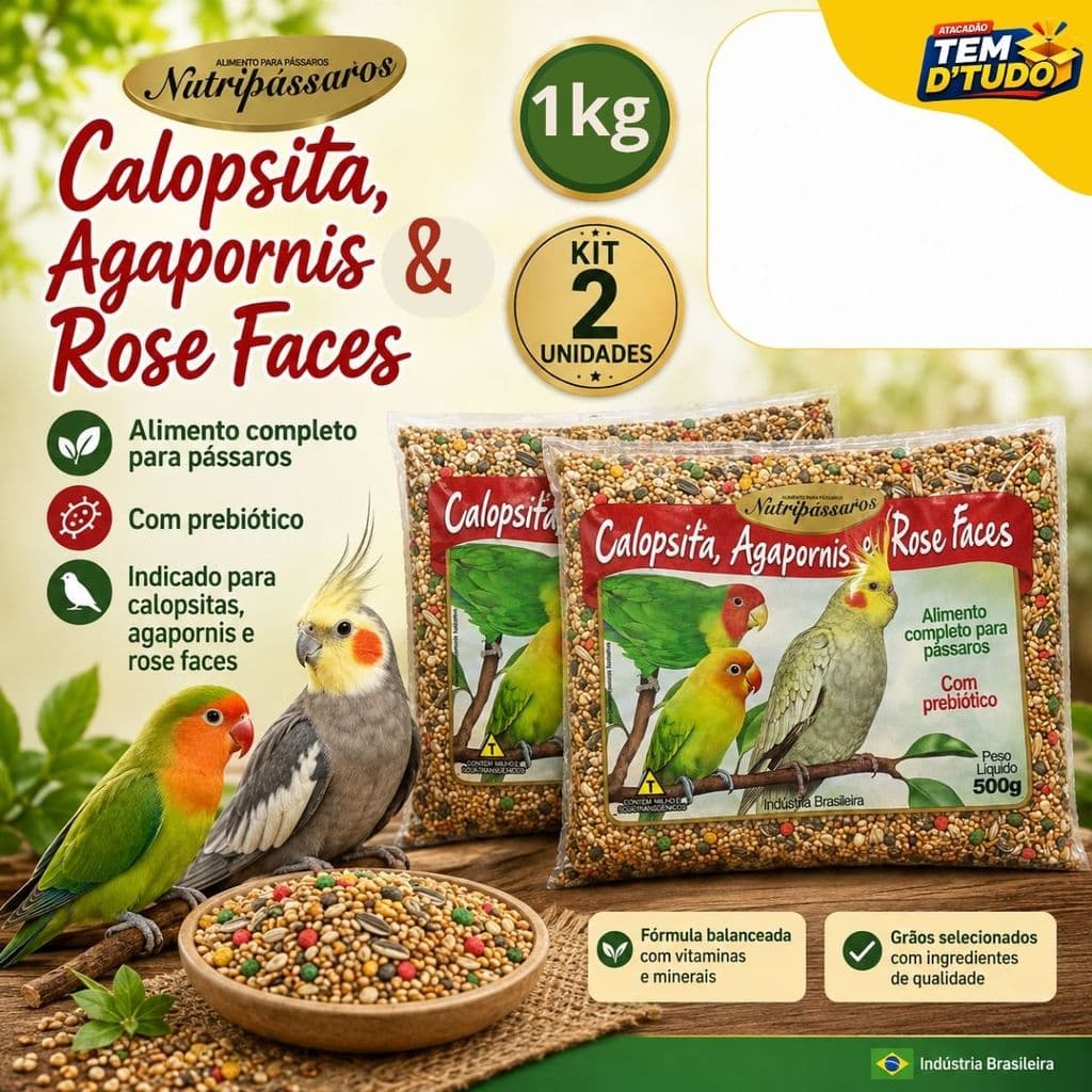 Kit 2 Ração Calopsita e Agapornis Rose Faces Nutripássaros Alimento Completo Mistura de Calopsita 1Kg