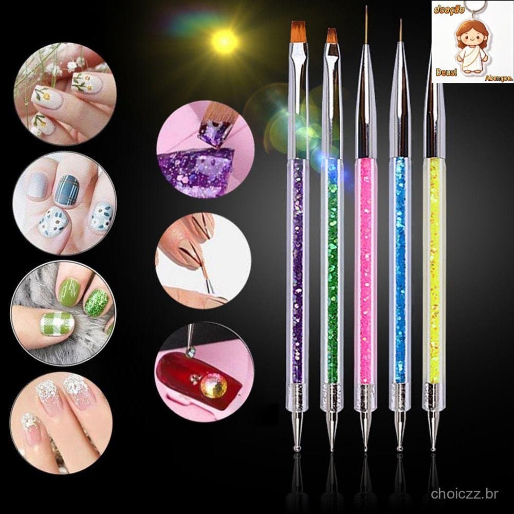 Kit de 5 Peças: Pincéis de Dupla Face 2 em 1 e Ferramentas de Pontilhamento para Decoração de Unhas, Pontilhamento, Mani