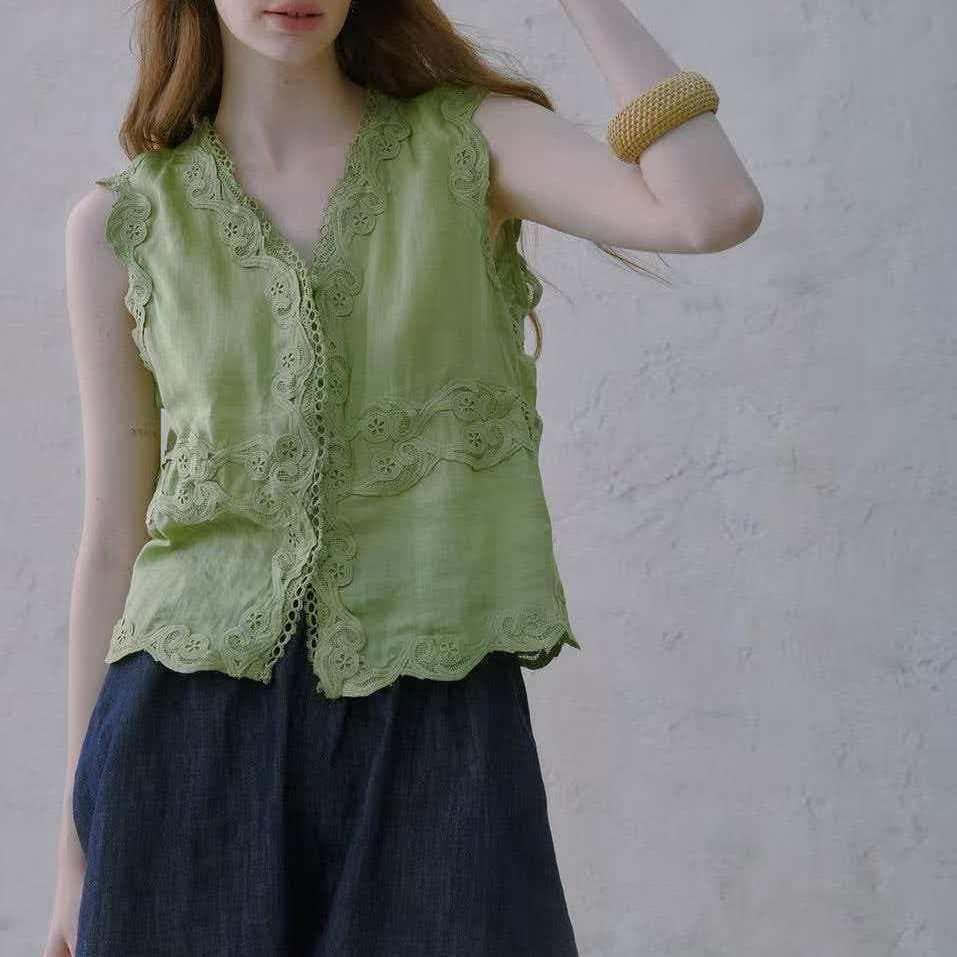 [Seckill por tempo limitado] Top retrô estilo Mori, verão fino decote em V sem mangas renda oca elegante top externo