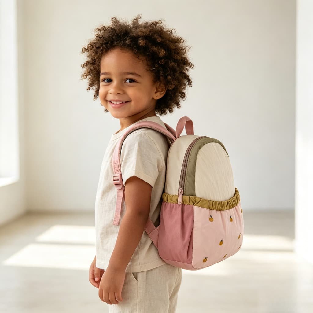 Mochila infantil com blocos de cor e bordado de maçã fofo, mochila escolar para o jardim de infância, mini mochila de vi