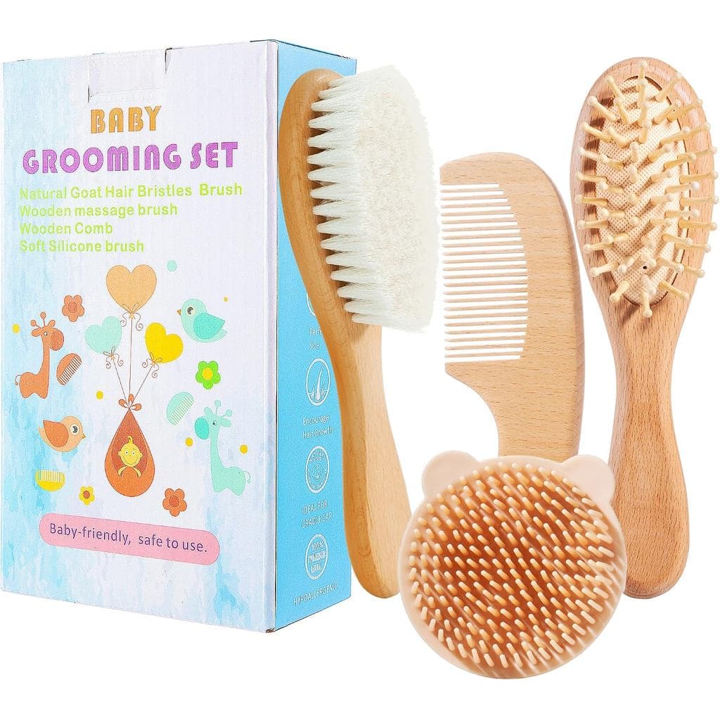 Conjunto de Escovas de Cabelo para Bebês Recém-Nascidos, Escova e Pente de Madeira para Bebês - Escova para Crosta Lácte