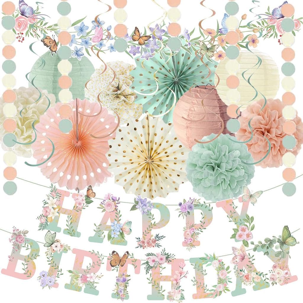 Sage Green Blush Pink Birthday Decorations,Flower Butterfly Happy Birthday Banner, Wildflower Garland,Paper Lanterns Tis