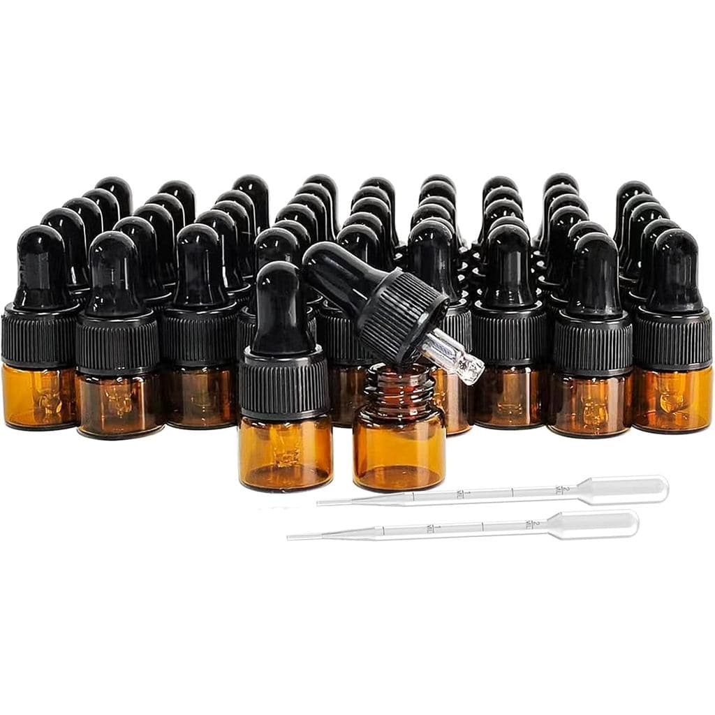 50 frascos de vidro âmbar com conta-gotas de vidro para óleos essenciais, ideais para amostras de viagem.