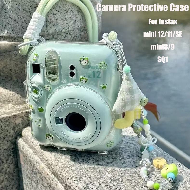 Pronta Entrega | [Verde] Capa Protetora Transparente para Câmera Instax Mini 12/11/SE/8/9/Square SQ1 com Alça e Adesivos