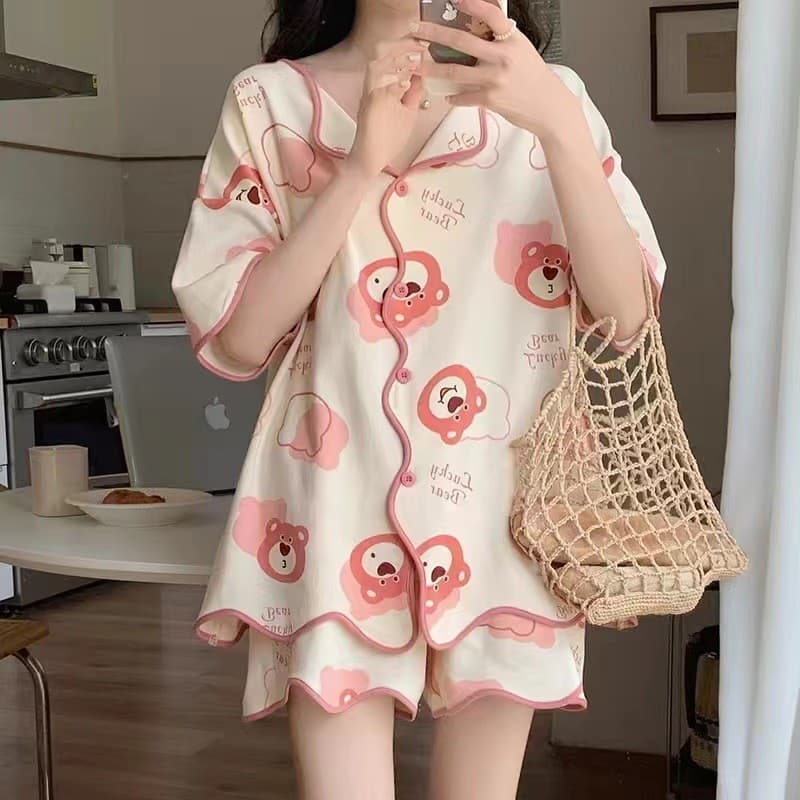 Pijamas femininos verão doce bonito estudante Cardigan Loungewear 2026 novo estilo leitoso senhoras terno de duas peças