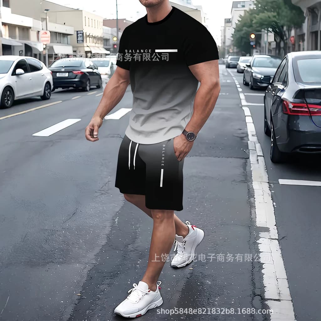 Conjunto casual com camisa de cordão, shorts esportivos de verão com gola redonda e cor em degradê, estilo moderno e sol