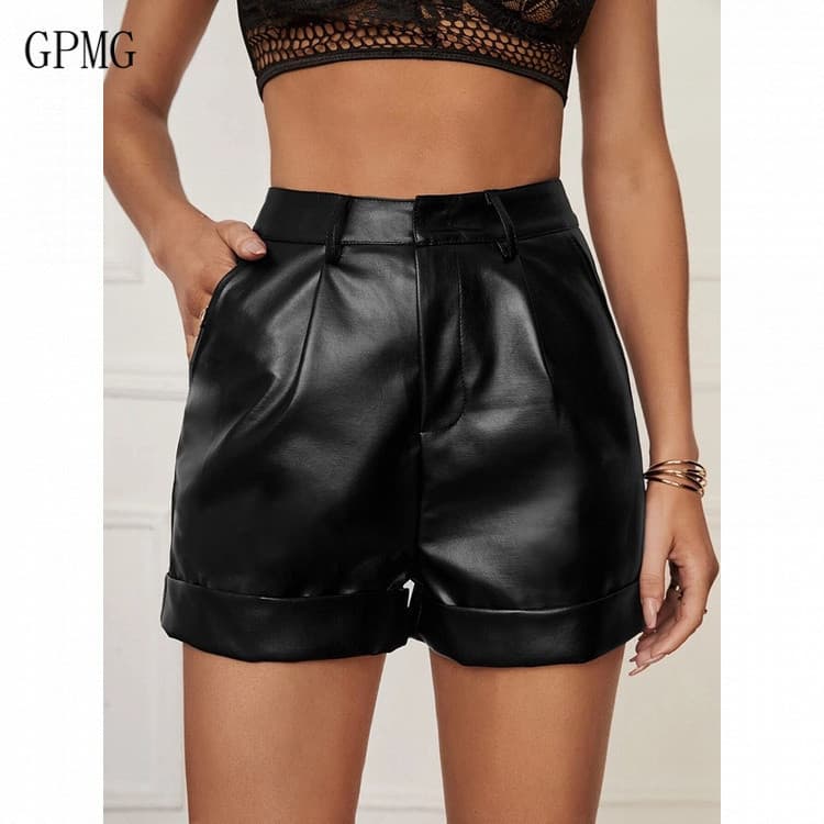 Shorts Femininos de Couro Sintético com Cintura Alta e Bolso, Moda Blogger K46F