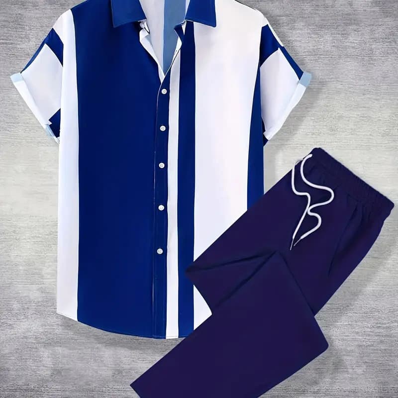 Terno de verão estilo resort com lapela, camisa masculina de manga curta com estampa em degradê e botões coloridos para