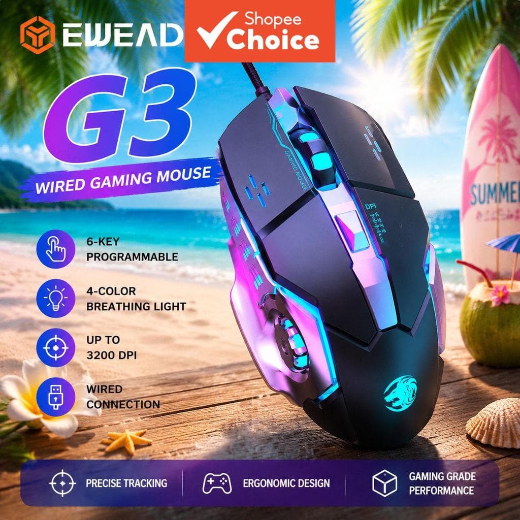 EWEADN G3 Mouse Gaming com Fio, Design Ergonômico, Alta Precisão, Mouse Óptico USB para PC, Laptop, Gamer