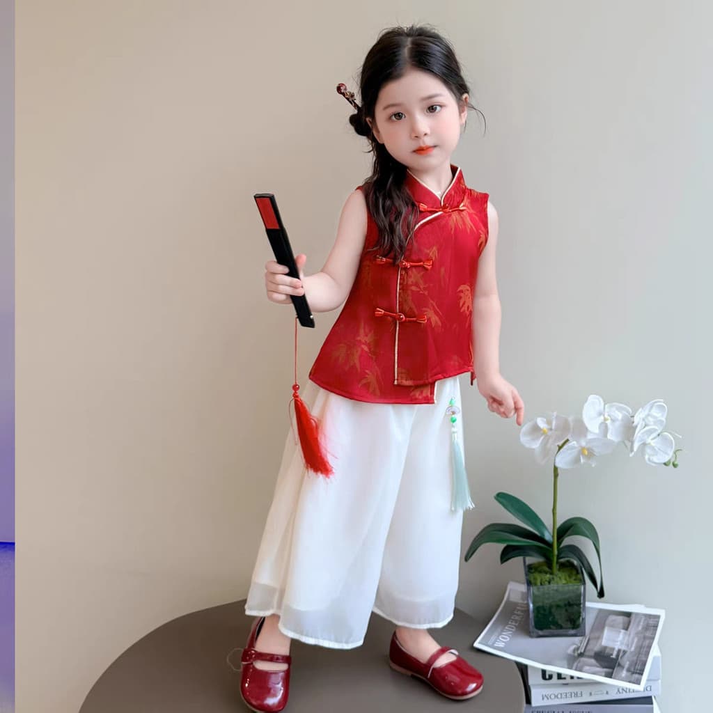 Roupa de estilo chinês para meninas, novo modelo de verão, conjunto de duas peças vermelho fino de estilo chinês para me