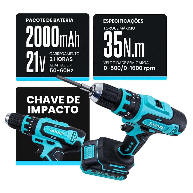 Parafusadeira Furadeira de Impacto Sem Fio SIDER SA0002 21V 35N.m com 2 Baterias