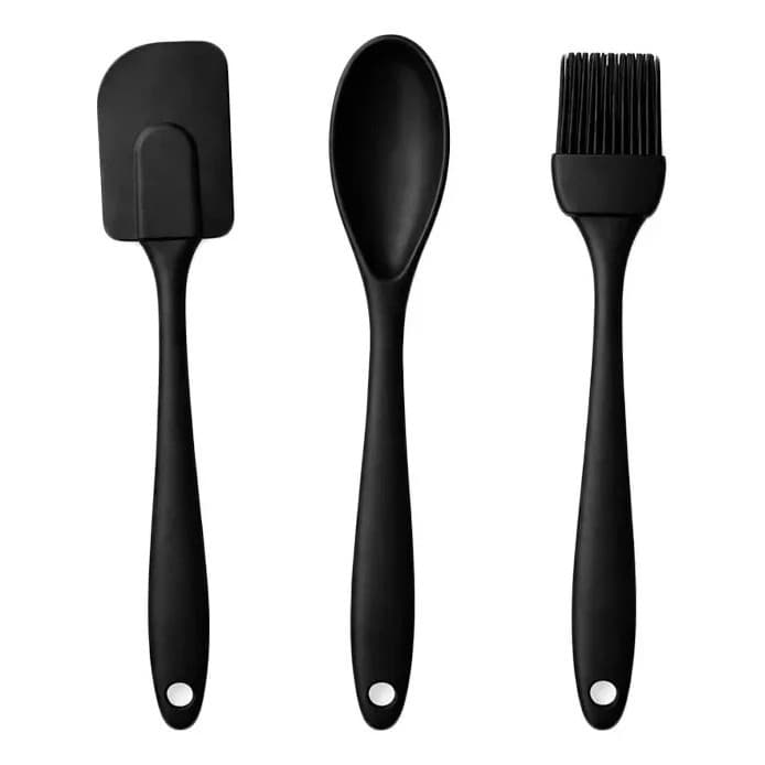 Kit De Utensílios Culinários Ingá: Colher, Espátula E Pincel De Silicone Preto Para Confeitaria - 3 Peças