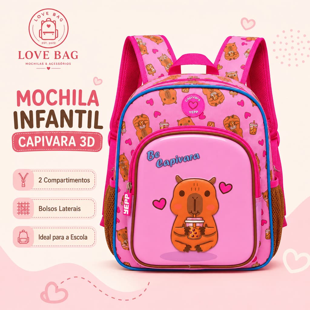 Mochila Infantil Costas Capivara Frente em PVC Tamanho Médio Escolar 2026