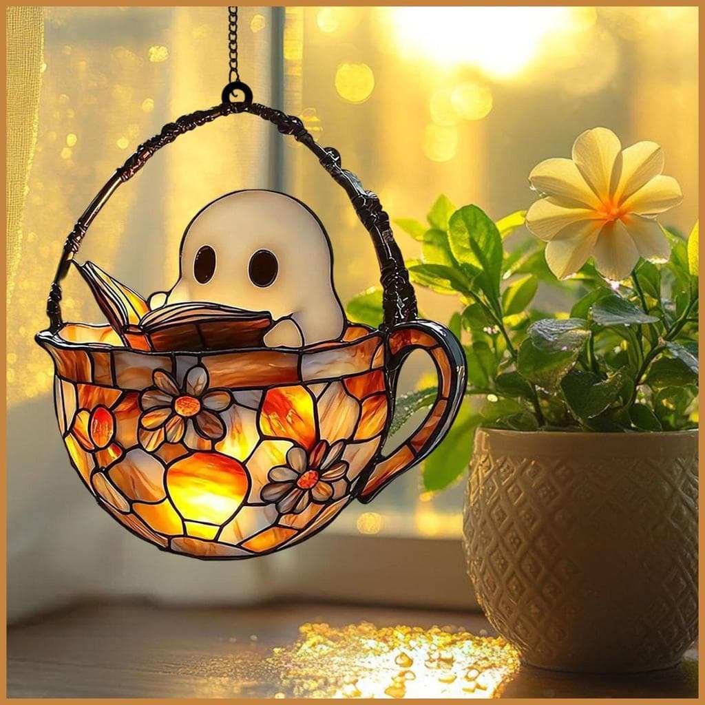 Decoração de Halloween com Fantasma de Terror Leitura de Livro em Acrílico 2D para Leitores cstui3br