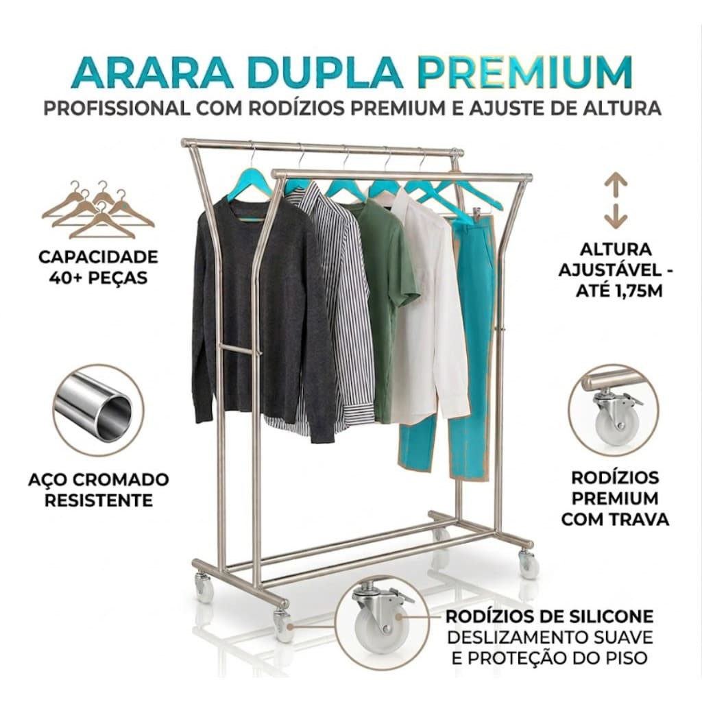 Arara Dupla 1,20m Regulável Aço Cromado com Rodízios de Silicone para Roupas