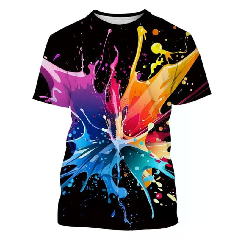 Camiseta Masculina Colorida Resistente À Água Com Estampa De Pintura , Divertida E Legal 3D Solta De Manga Curta Gola Re