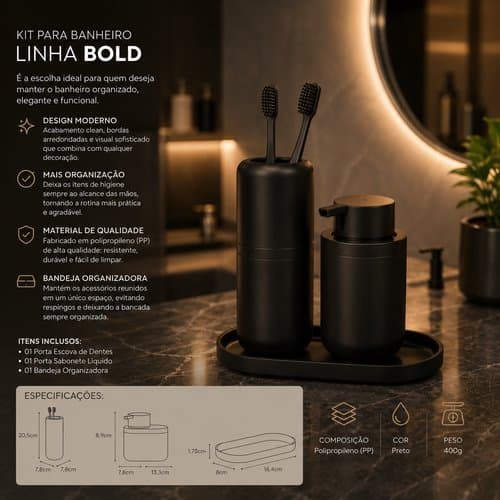 Kit Banheiro Organizador Porta Escova Sabonete Bandeja Preto Compacto Resistente