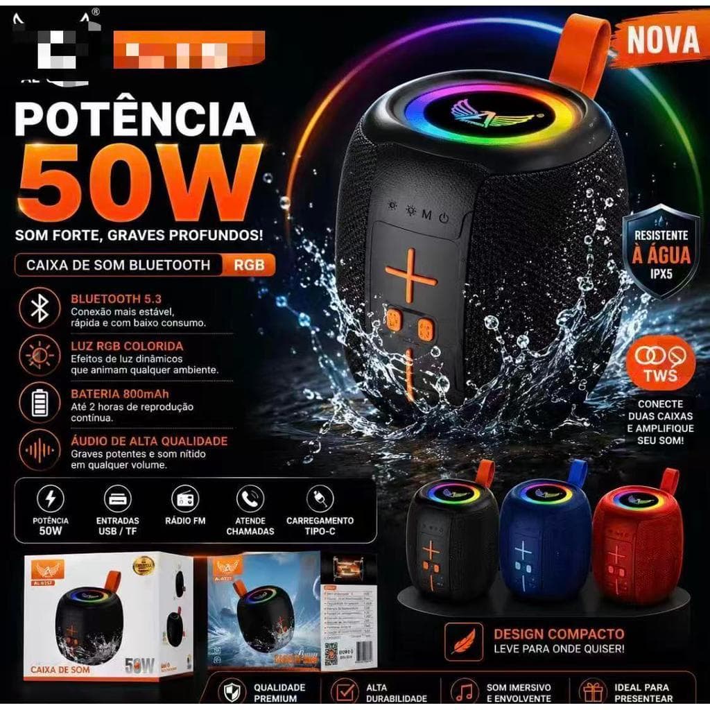 *Caixa de som portátil Bluetooth Altomex 50W TWS LED/USB/SD/FM com graves potentes