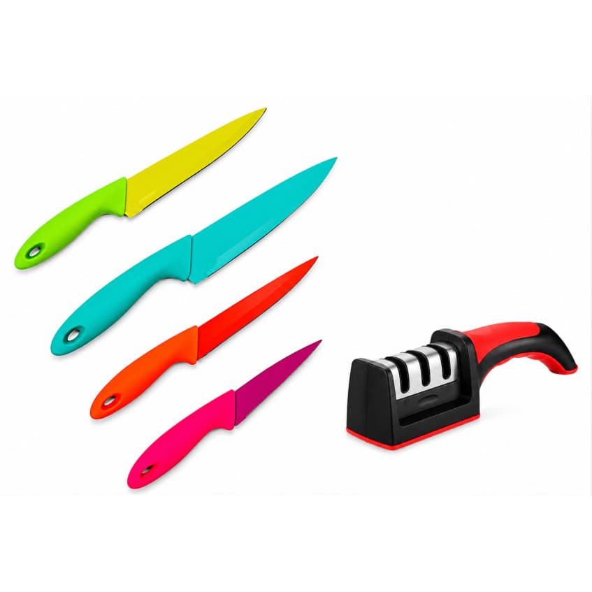 Kit Jogo de Facas de Cozinha 4 Peças Coloridas + 1  Amolador de Faca Profissional 3 em 1 Afiador