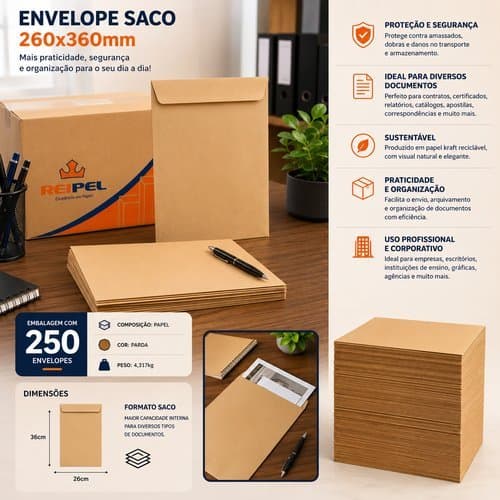 Caixa 250 Envelopes 260x360mm Papel Pardo Resistente Embalagem Correio Proteção Documentos Envio Seguro Escritório