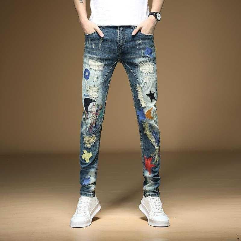 Calças de mendigo arranhadas masculinas Slim-fit pés pequenos bordados calças masculinas versão coreana primavera Jeans