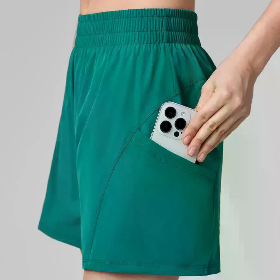 Shorts Femininos de Cintura Alta, Secagem Rápida, para Academia, Yoga, com Bolso, Anti-Exposição, Cor Nude, Esportivos,