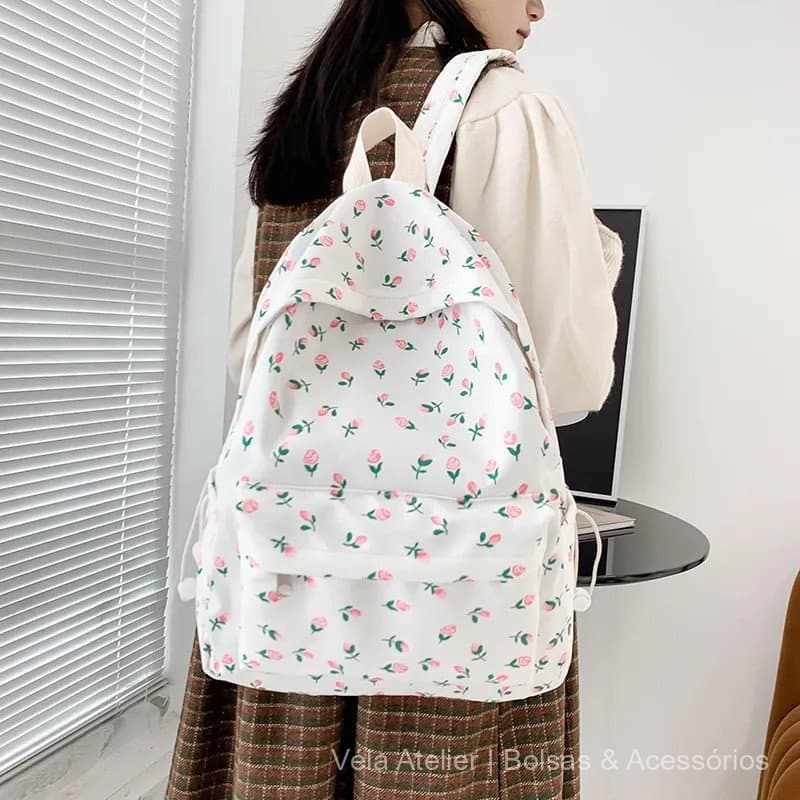 Mochila branca com padrão floral em estilo coreano para adolescentes