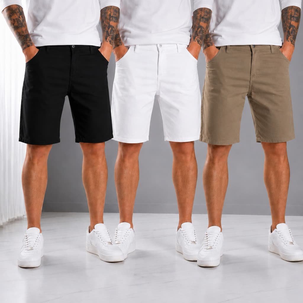 KIT Com 3 Bermuda Sarja Mascul Slim Brim para o Dia a Dia