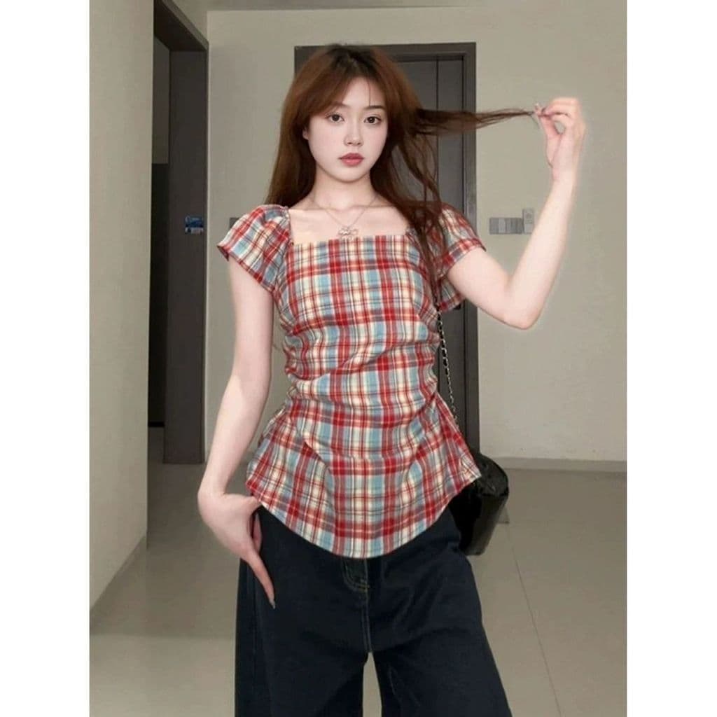 Novo tamanho grande roupas femininas gordura mm Retro xadrez pescoço quadrado pequena manga voadora camisa de manga curt