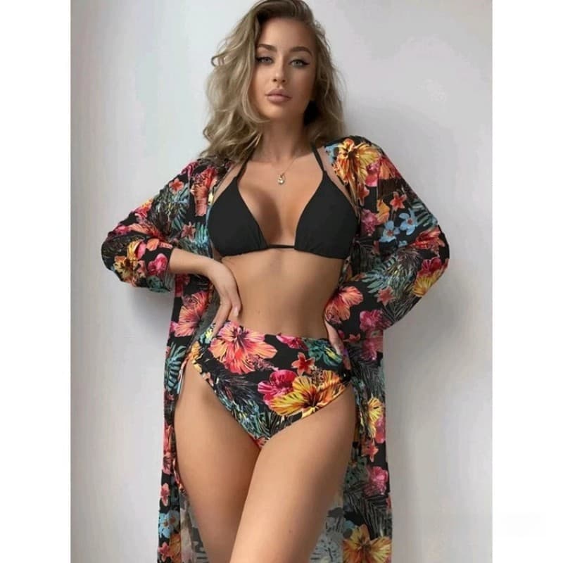 Maiô dividido estampado cintura alta Look mais fino blusa protetor solar conjunto de três peças praia férias maiô com al