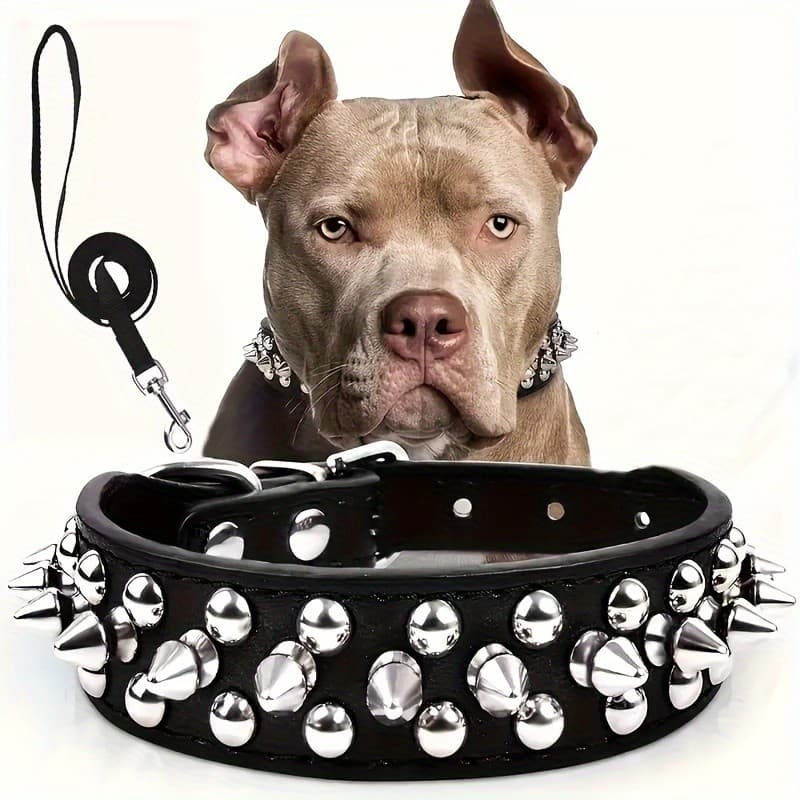 Coleira de cachorro com conjunto de corda de tração pontiaguda, rebites coleira de couro falso coleira de cachorro ajust
