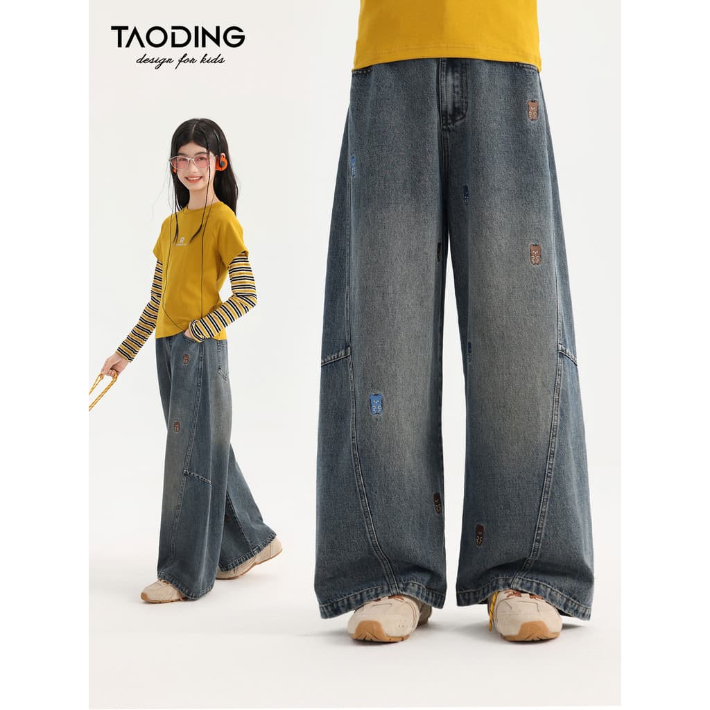 Taoting Jeans para meninas outono novo estilo médio grande infantil bordado urso moda Casual estiramento infantil perna