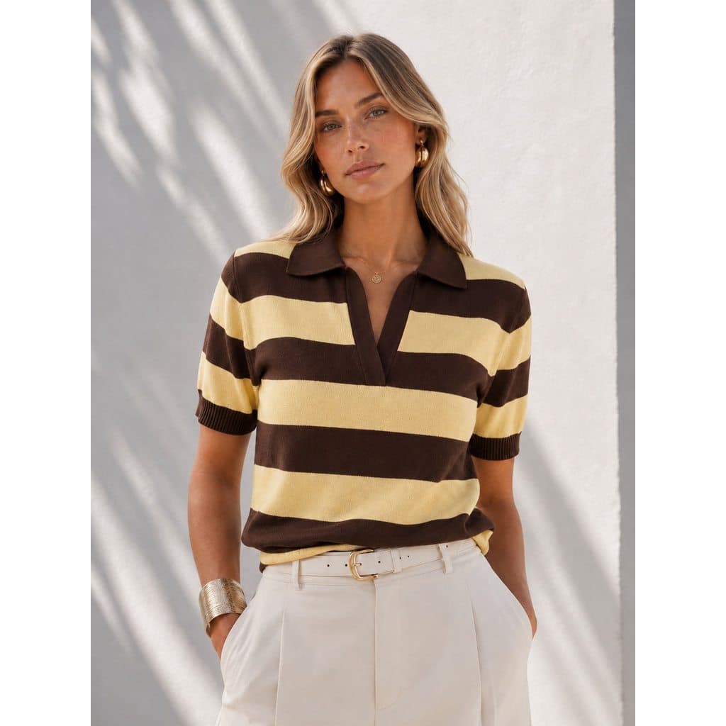 Blusa Polo Feminina Listrada Manga Curta Tricot Modal Macio Elegante Casual Verão Primavera Estilo Europeu Confortável